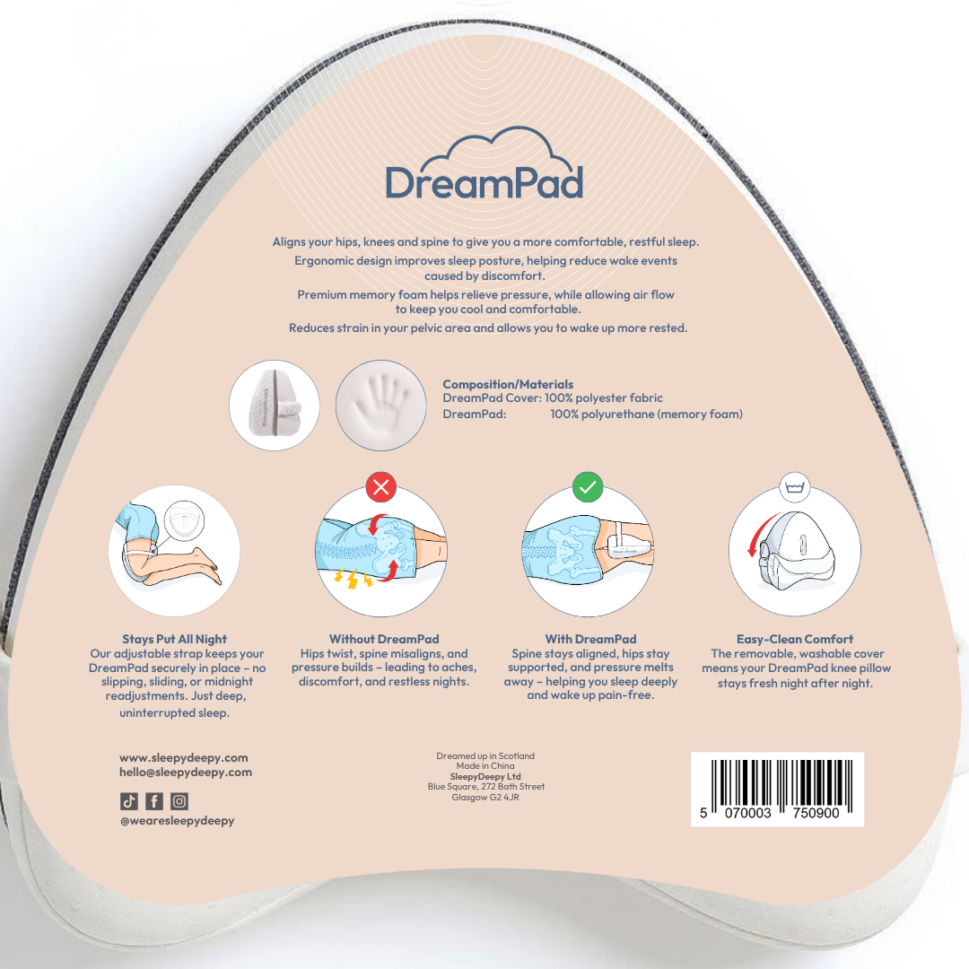 DreamPad (Ergonomic, Contoured Memory Foam Knee Pillow For Side Sleepers)