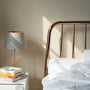 Warm morning sunlight falling across a cosy bedroom with a brass bed, bedside lamp, plant and books