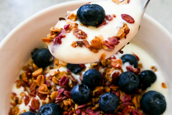 A bowl of yoghurt with granola and blueberries