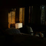 Dimly lit bedroom with soft golden morning light coming through the window