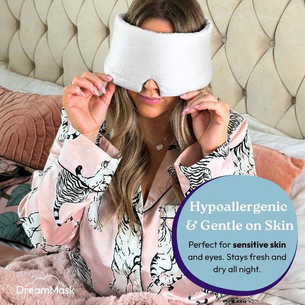 DreamMask (White) (Luxury 100% Blackout Sleep Mask | Bamboo Silk | 3D Memory Foam) SleepyDeepy - Sleep Aids For Deeper Sleep