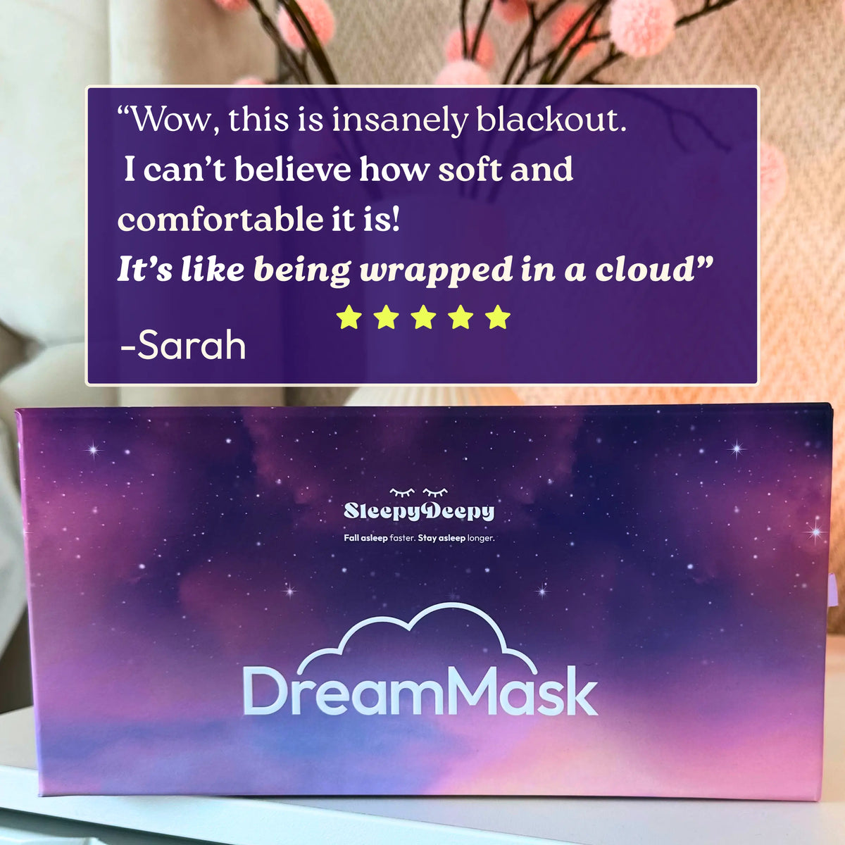 DreamMask packaging with a five-star review quote on a blurred background