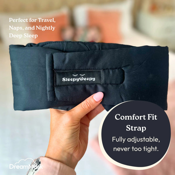 Black comfort fit strap held by a hand with promotional text on a blurred background