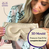 Woman holding a beige sleep mask with '3D Mould' feature and 'DreamMask' branding.