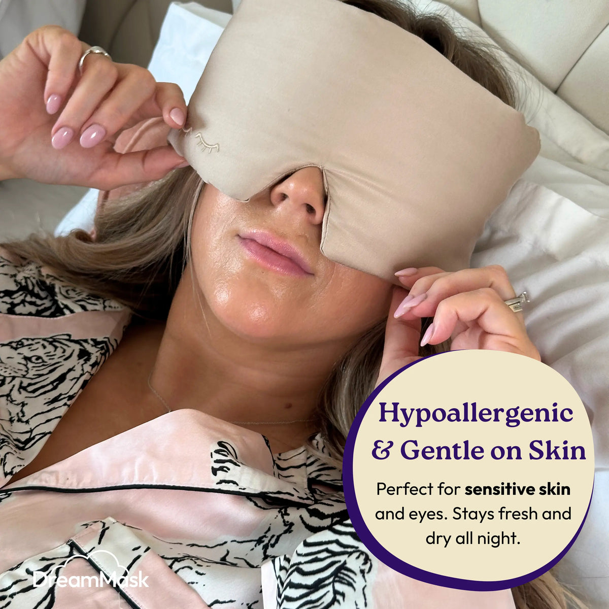 Woman using a beige eye mask with text highlighting its hypoallergenic and gentle properties.