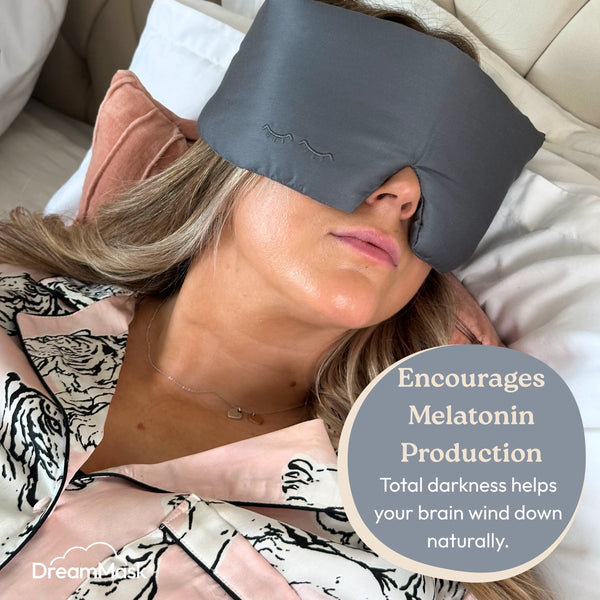 Woman wearing a gray sleep mask with text about melatonin production.