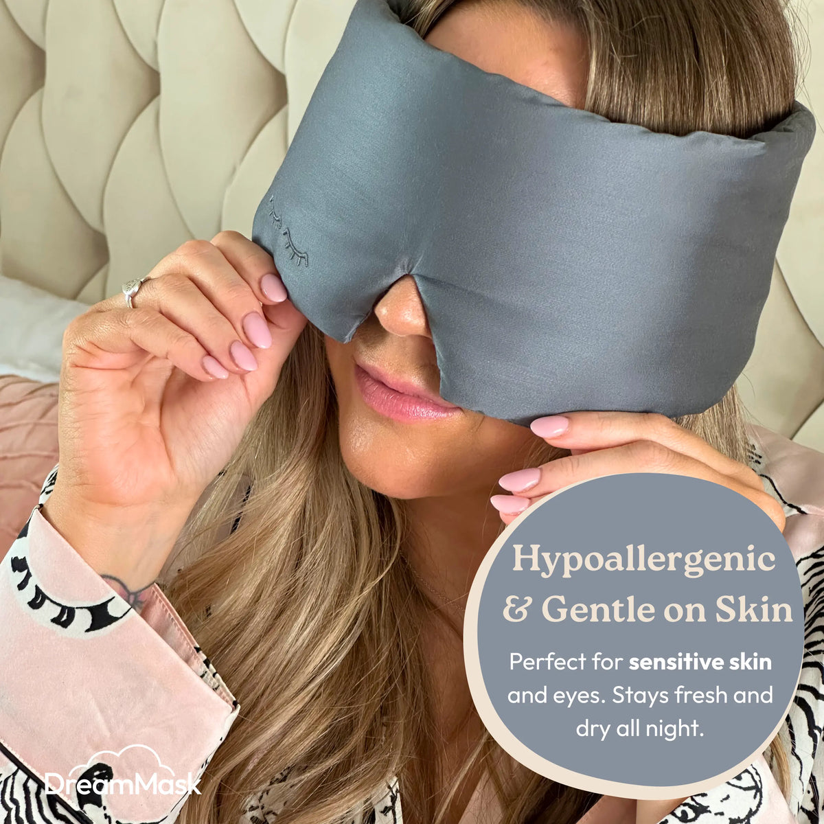 Woman wearing a gray sleep mask with a product description overlay.