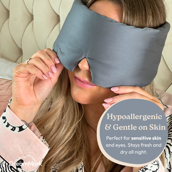 Woman wearing a gray sleep mask with a product description overlay.