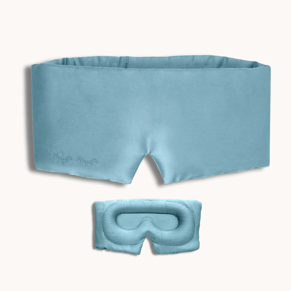 Blue sleep mask and eye mask on a white background