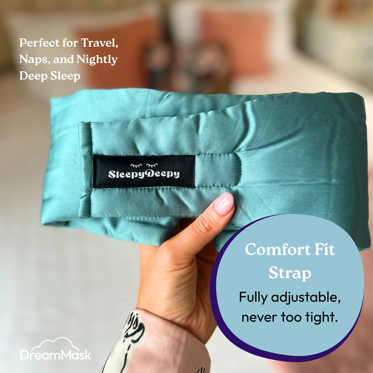 Teal sleep mask with 'SleepyDee' label held by a hand, with promotional text about comfort fit strap.