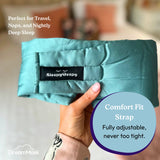 Teal sleep mask with 'SleepyDee' label held by a hand, with promotional text about comfort fit strap.