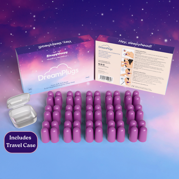 Purple earplugs with packaging and travel case on a gradient background