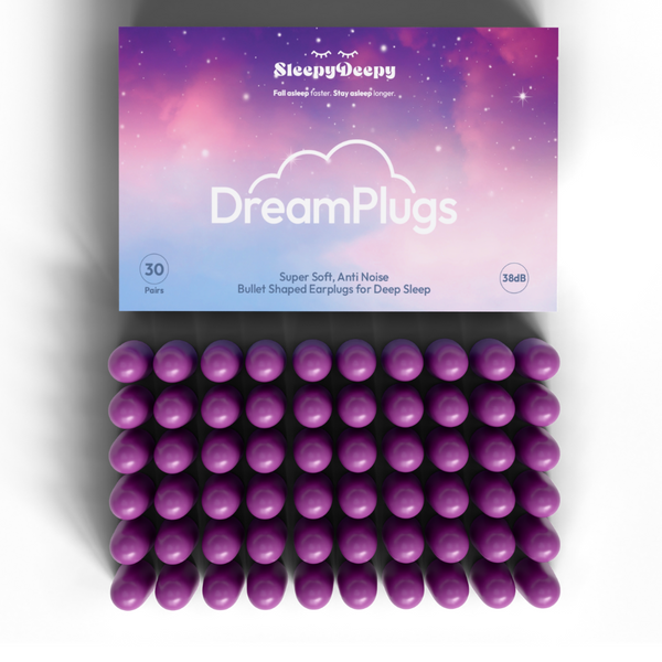 Purple earplugs with 'Sleepy Deepy' packaging on a white background