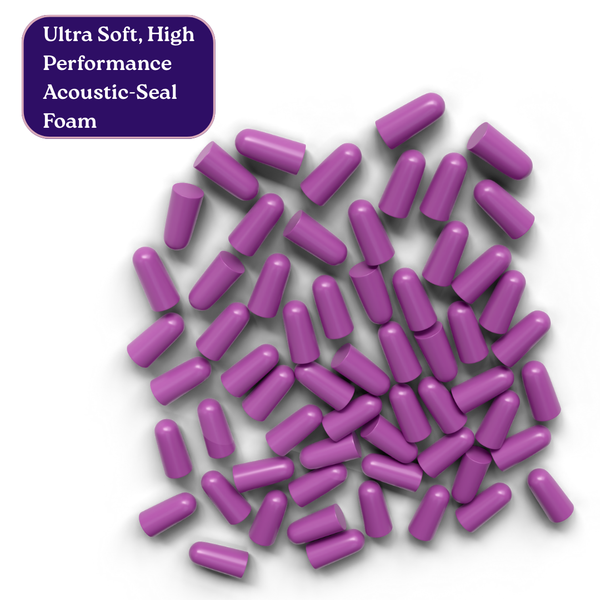 Purple acoustic-seal foam pieces with a label on a white background