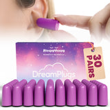 Purple earplugs with packaging and a box of 30 pairs on a white background