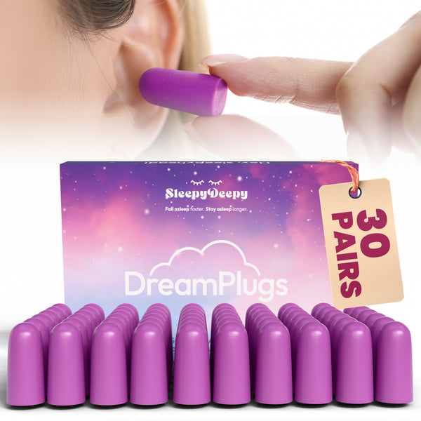 Purple earplugs with packaging and a box of 30 pairs on a white background