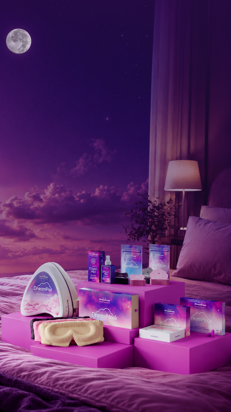  SleepyDeepy sleep products on a bed at night